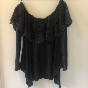 Black distressed lace shoulder top
